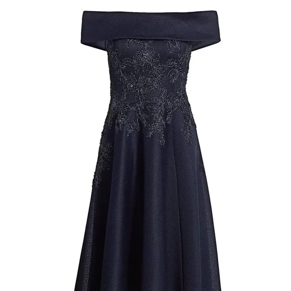 TERI JON Off-The-Shoulder Floral Beaded Lace High-Low Mesh Cocktail Dress